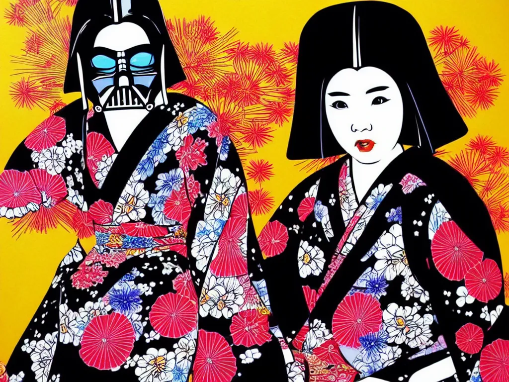 Prompt: hyperrealistic composition of the detailed woman in a japanese kimono sitting at a extremely detailed black jack table with darth vader, fireworks, mountain fuji on the background, pop - art style, jacky tsai style, andy warhol style, acrylic on canvas