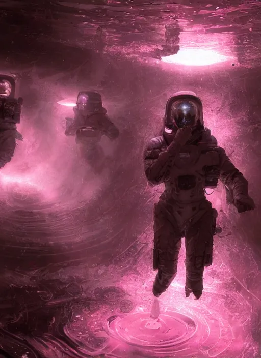 Image similar to concept art by craig mullins infrared complex and hyperdetailed technical pink astronauts floating in futuristic dark and empty spaceship underwater. reflection and dispersion materials. rays and dispersion of light. volumetric light. 5 0 mm, f / 3 2. noise film photo. flash photography. unreal engine 4, octane render. interstellar movie art