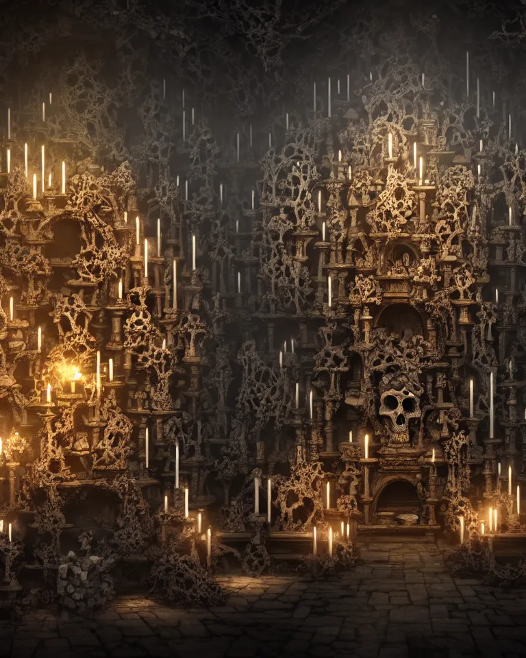 Prompt: full color, low ultrawide interior shot of sedlec ossuary, bones, anime style mixed with fujifilm, dark, foggy, atmospheric, artstation, cgsociety, octane render, cgi, denoise, detailed, cinematic masterpiece