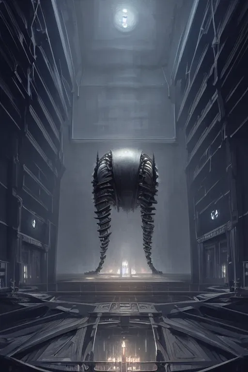 Image similar to professional concept art of a symmetrical! ominous floating mechanical steel terrifying giant thing in a dark room by artgerm and greg rutkowski. an intricate, elegant, highly detailed digital painting, concept art, smooth, sharp centred focus, illustration, in the style of cam sykes, wayne barlowe, igor kieryluk.