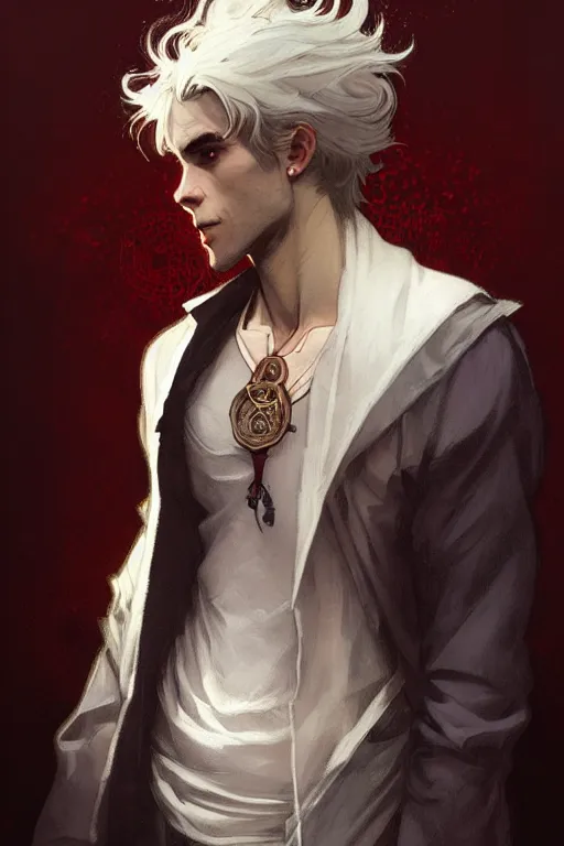 Image similar to portrait of a beautiful young fit male vampire with curly white hairs and yellow eyes, dressed with urban clothes, by greg rutkowski and alphonse mucha, d & d character, gradient white to red, modern nocturnal background, highly detailed portrait, digital painting, artstation, concept art, smooth, sharp focus ilustration, artstation hq