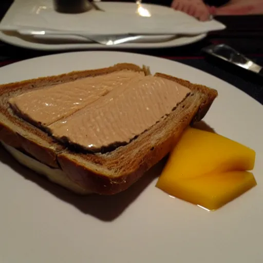 Prompt: sandwich with foie gras and honey and mango, amateur photo