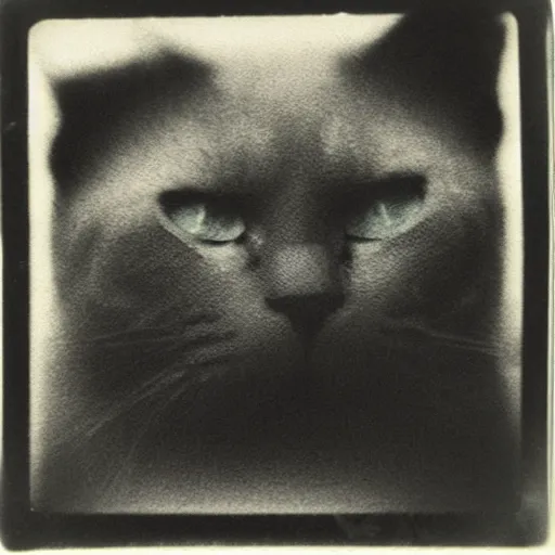 Prompt: black cloudy shadow in a cat shape, very blurry, mystical, misty, dreamy, shadow polaroid photo, by Warhol