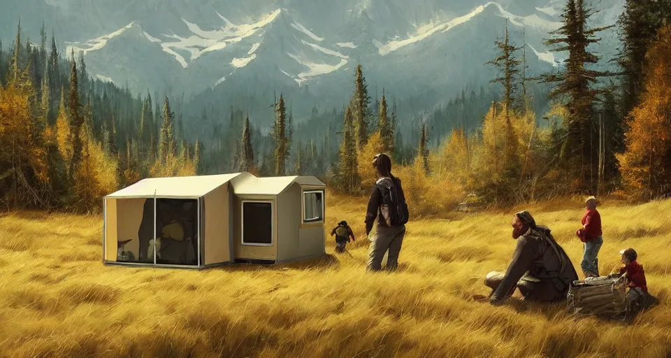 Image similar to cabela's beautiful comfortable carbon framed, modular insulated wall portable container home kit - house all weather family dwelling tent house, person in foreground, mountainous forested wilderness open fields, beautiful views, painterly concept art, environmental concept art, concept art illustration, by james gurney, by craig mullins, by greg rutkowski trending on artstation