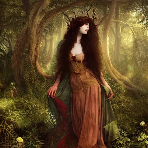 Image similar to a romantic pre-raphaelite portrait of Grimes as a forest fairy in a beautiful botanic garden, concept matte, trending on artstation