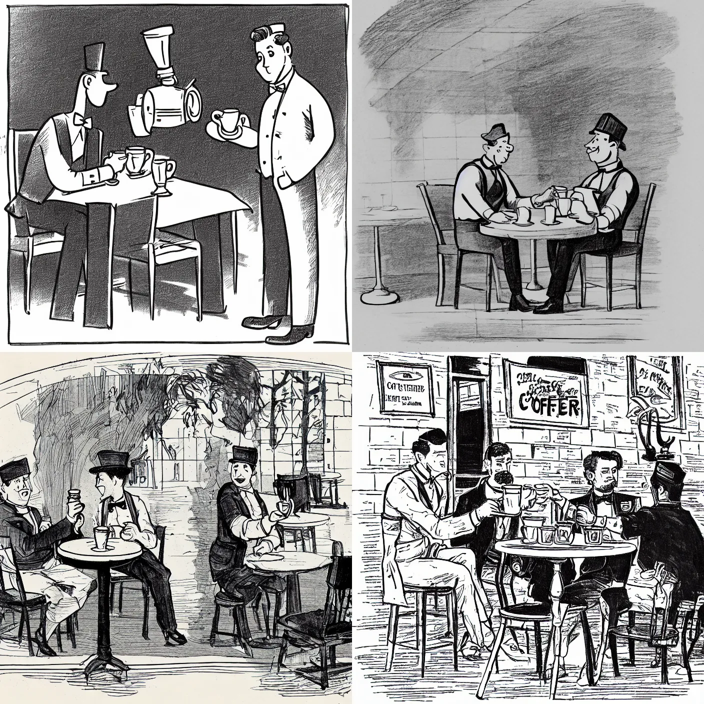 Prompt: a waiter serving coffee to a man seating. line drawing. vignette. newspaper drawing style. detailed. hq.