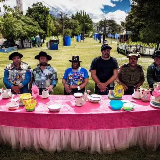 Image similar to wide-angle photo of the Juarez Cartel at a kid’s tea party, high detail, National Geographic 2022, award winning photography, 8k