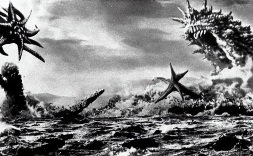 Prompt: a filmstill of Kim Jong-il and a starfish monster destroying Pyongyang, in Godzilla (1954) by Ishirō Honda, epic ultrawide shot, cinémascope