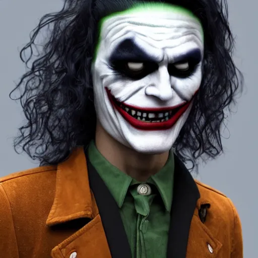 Image similar to octane render of a human version of the trollface meme with joker makeup and wearing a suede jacket and jeans, 8 k, very detailed, very intricate, white background,