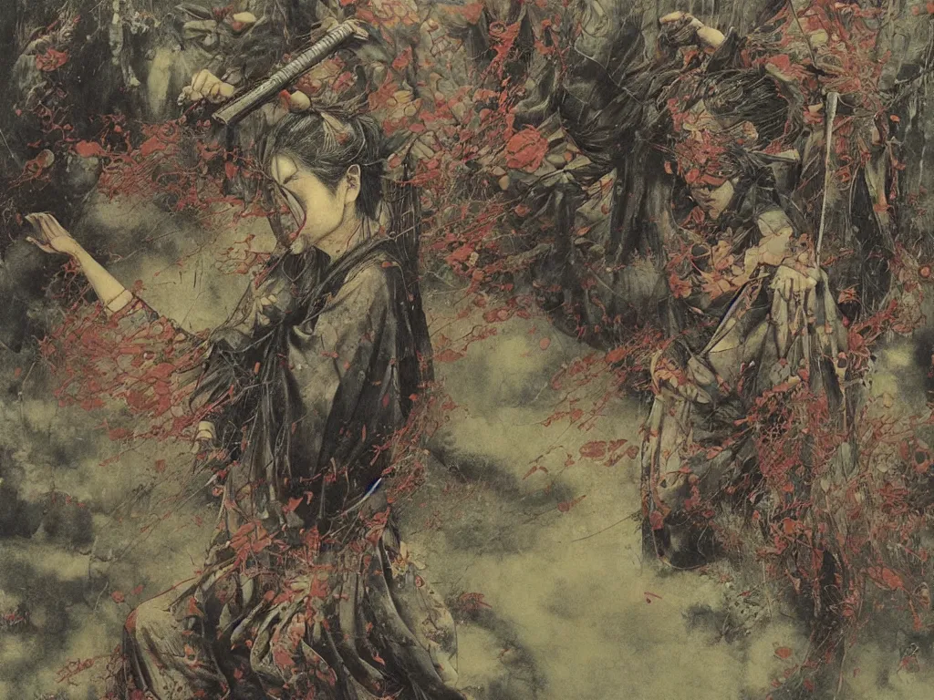 Image similar to japanese schoolgirl runs away from samurai with a katana on the subway, high detailed beksinski painting, part by adrian ghenie and gerhard richter. art by takato yamamoto. deep colours