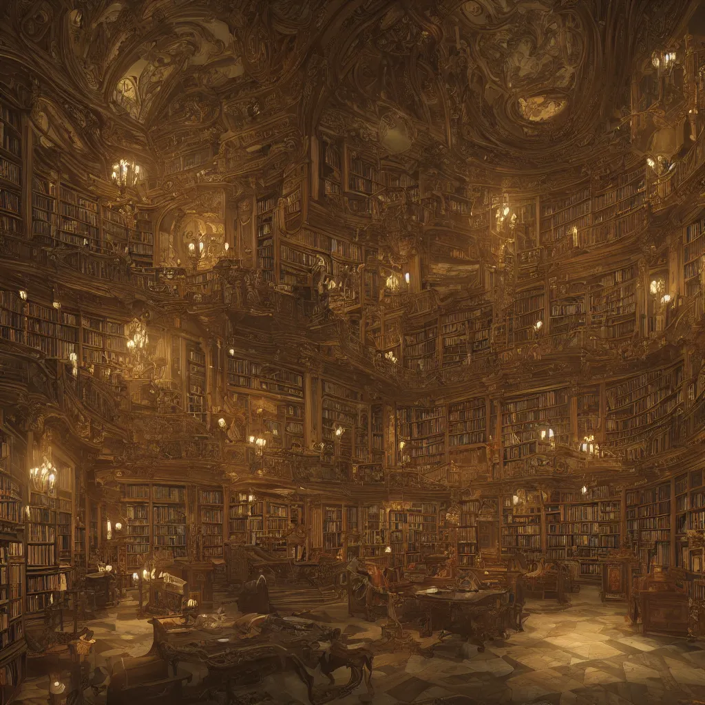 Prompt: library in the style of baroque, unreal engine, in the style of greg rutkowski and alphonse mucha, global illumination, detailed and intricate environment, mysterious, comfort, in the style of aetherpunk