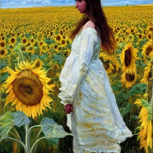 Image similar to a girl in amazing tall sunflower field, her hair flowing down, subtle, intricate details, real masterpiece, oil on canvas, by stanhope forbes, lucian freud