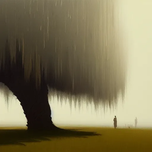 Prompt: a painting of a big willow tree in the fog by Atey Ghailan