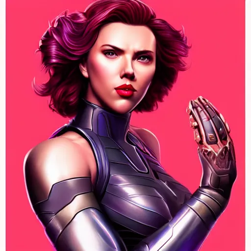 Image similar to scarlett johansson as thanos, feminine beautiful muscular fitness model wearing armor, red lips, strong jaw, pin up, attractive, highly detailed full body portrait, pretty face, elegant, breathtaking art, concept art, by artgerm and ilya kuvshinov