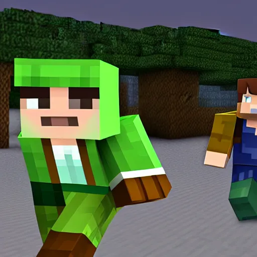 Image similar to minecraft steve running away from a creeper screaming