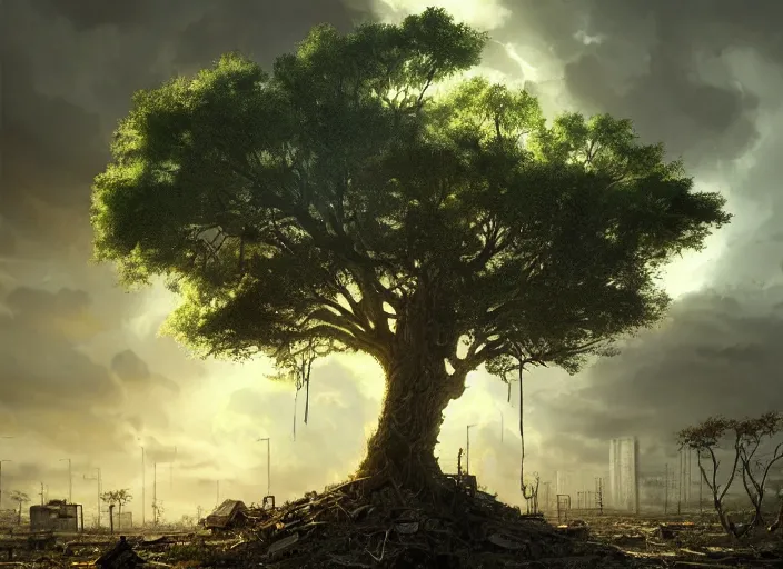 Prompt: oak tree growing in the rubble of a post - apocalypse city wasteland, gray dull background, colorful green leaves, hyperrealistic, very detailed leaves, sharp focus, highly detailed, cinematic, single ray of golden sunlight shinging on the tree, digital art, soft lightning, oil painting by greg rutkowski