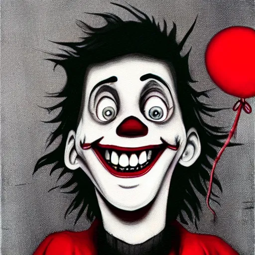 Image similar to grunge cartoon painting of pete davidson with a wide smile and a red balloon by chris leib, loony toons style, pennywise style, corpse bride style, horror theme, detailed, elegant, intricate