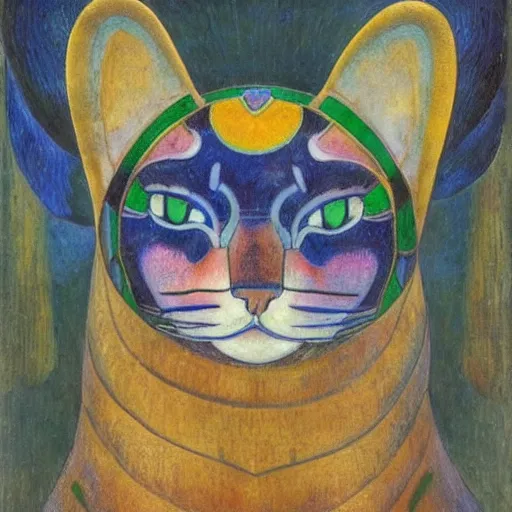 Image similar to cloisonne cat head sculpture, by annie swynnerton and diego rivera and nicholas roerich and jean delville, symbolist, dramatic lighting, god rays, art brut, rich colors, smooth, sharp focus, extremely detailed, adolf wolfli, by janet fish