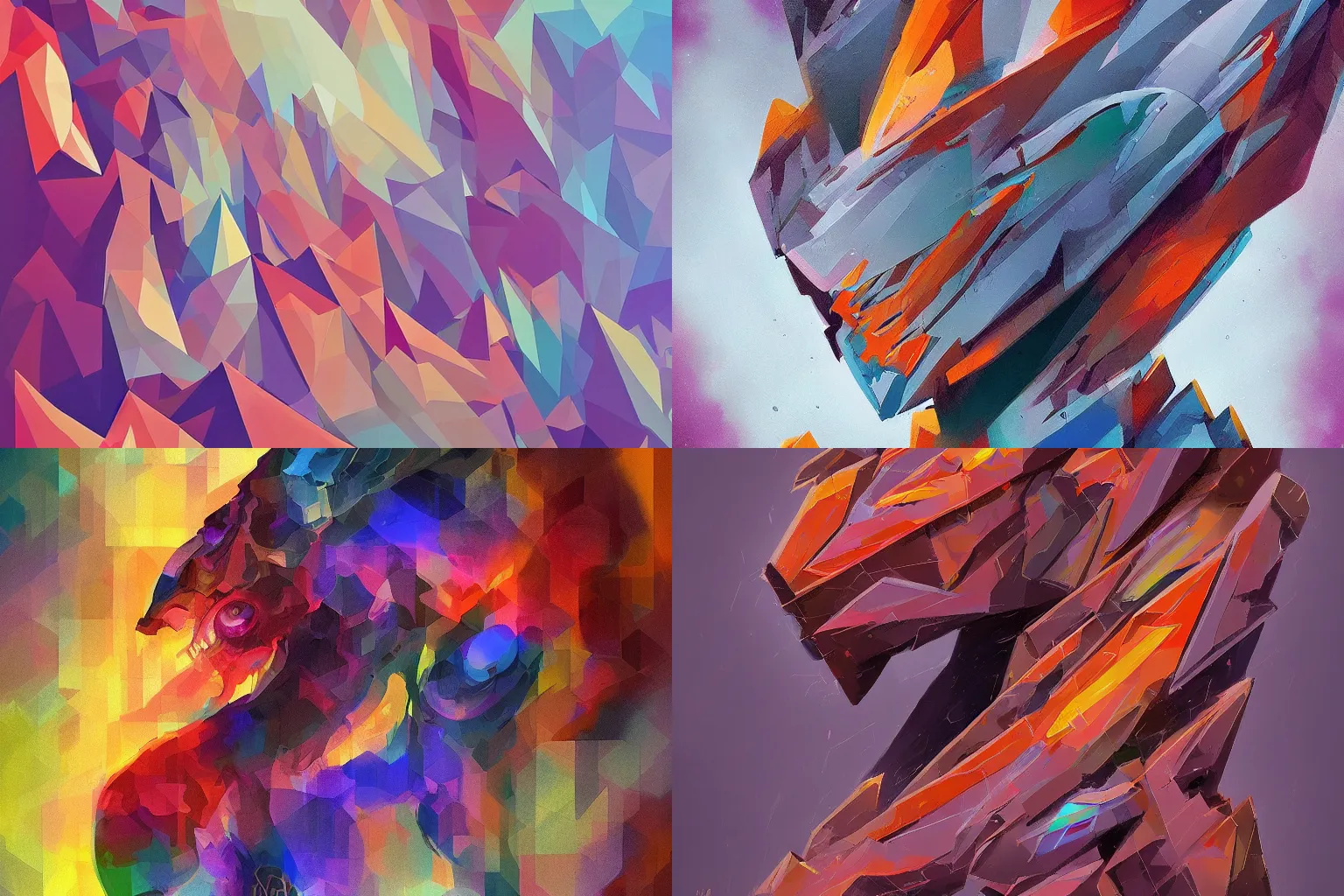 Prompt: Beautiful creature from another world built from geometric shapes. Rough brushstrokes. Colourful but muted. Abstract. Fine details. Trending on artstation and deviantart.