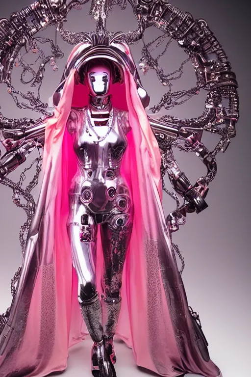 Image similar to full-body baroque and bladerunner style pink neon and chrome statue of a beautiful pale priestess robot goddess humanoid wearing a see-through silk kimono, glowing peach face, street hoody of red steampunk lasers, emeralds, swirling silver silk fabric. futuristic elements. oozing glowing liquid, full-length view. space robots. human skulls. throne made of bones, intricate artwork by caravaggio. Trending on artstation, octane render, cinematic lighting from the right, hyper realism, octane render, 8k, depth of field, 3D