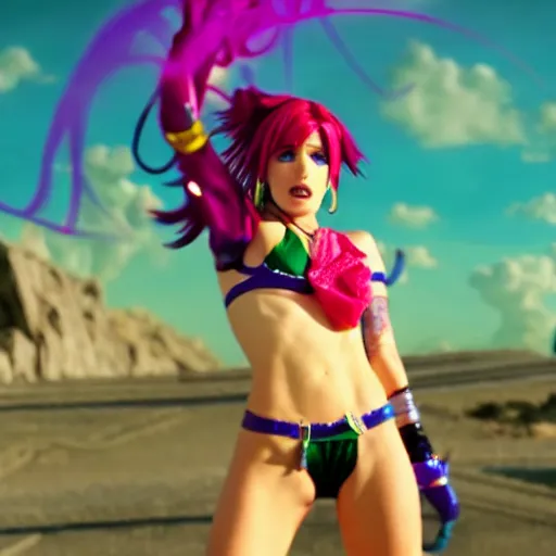 Image similar to cinematic scene with bella thorne as jolyne kujoh from jojo's bizzare adventure, dramatic, small details, volumetric lighting, still frame