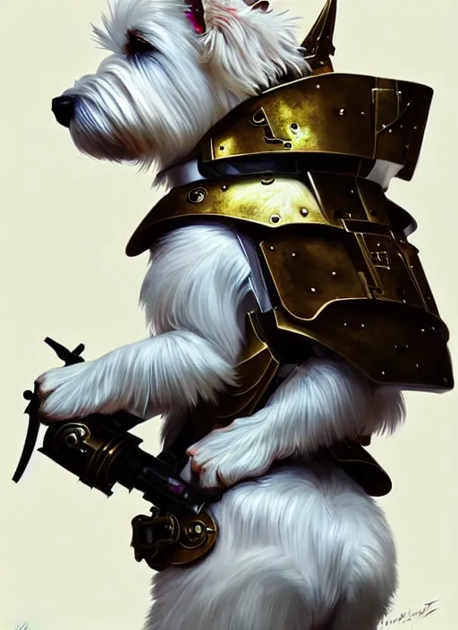 Image similar to a west highland white terrier, anime art style, wearing futuristic, led - lit armor, and a cannon mounted on his back, portrait, high detail, sharp focus, digital painting, artstation, concept art, art by hayao miyazaki and artgerm and greg rutkowski and alphonse mucha.