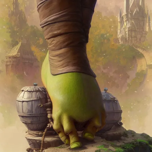 Image similar to shrek has giant feet, highly detailed, digital painting, artstation, concept art, smooth, sharp focus, illustration, art by artgerm and greg rutkowski and alphonse mucha