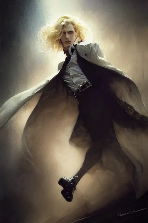 Image similar to johan liebert mixed with alucard picture by Greg Rutkowski, long fluffy blond curly hair, baroque curls, dynamic pose, matte painting, intricate, z brush, fantasy concept art, elegant, by Stanley Artgerm Lau, WLOP, golden ratio, thomas kindkade, alphonse mucha, loish, Peter chung, norman Rockwell,