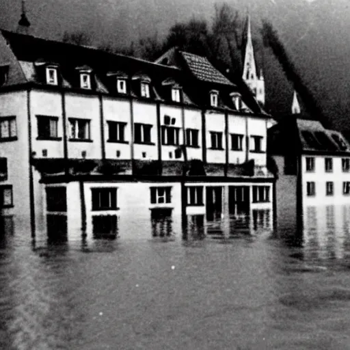 Prompt: VHS footage of a small german town being flooded