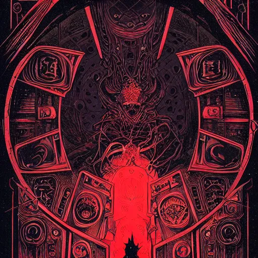 Image similar to red curtains, black paper + tarot card + eldritch god, vintage detailed sci-fi illustration designed by Marc Simonetti and Mike Mignola + psychedelic black light style + intricate ink illustration + symmetry + bloodborne, dark and mysterious, atmospheric, ominous, eerie, cinematic, 4k, ultra detail, ultra realistic
