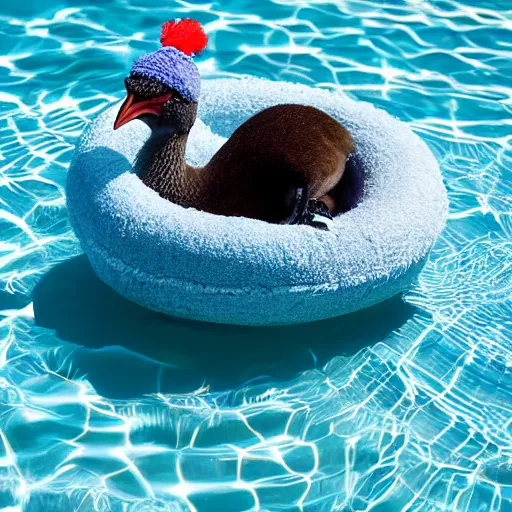 Image similar to a kiwi bird in a wooly hat sitting on a float in a pool, high quality