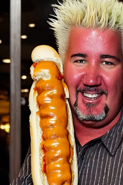 Prompt: a grainy photo of Guy Fieri standing in a hallway holding an enormous hot dog in a bun