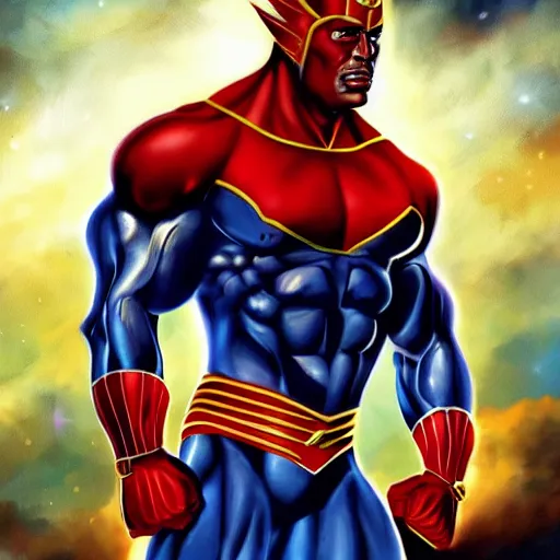 Image similar to body builder captain marvel, artstation hall of fame gallery, editors choice, #1 digital painting of all time, most beautiful image ever created, emotionally evocative, greatest art ever made, lifetime achievement magnum opus masterpiece, the most amazing breathtaking image with the deepest message ever painted, a thing of beauty beyond imagination or words