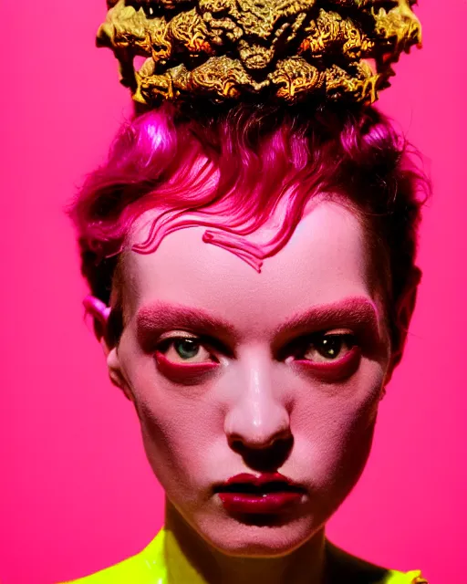 Prompt: hyperrealist highly intricate post-punk rococo portrait pink pearlescent exoskeleton beautiful goddess concept art pascal blanche key sage dramatic yellow lighting 8k high angle shallow depth of field