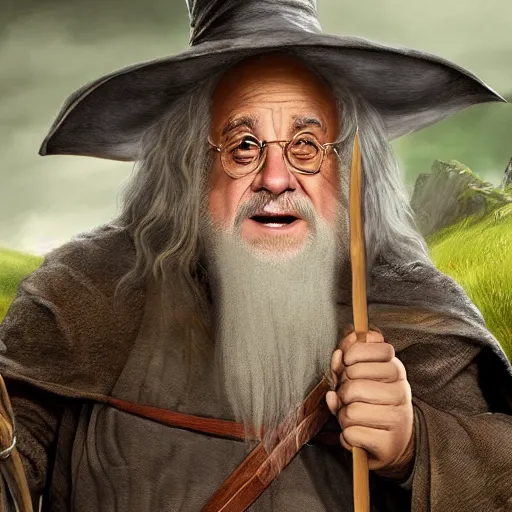 Image similar to Movie still of Danny Devito as Gandalf in the Lord of the Rings in the Shire, fantasy, highly detailed, digital painting, artstation, concept art, sharp focus, illustration, art by Tony Sart and artgerm and randy vargas