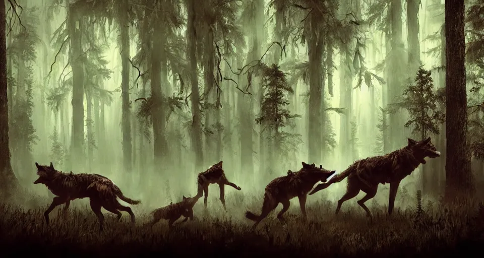 Image similar to an epic action concept masterpiece of a rabid wolfpack, in a forest made of nightmares, inspired by sd ai. horrific digital art, extremely moody lighting