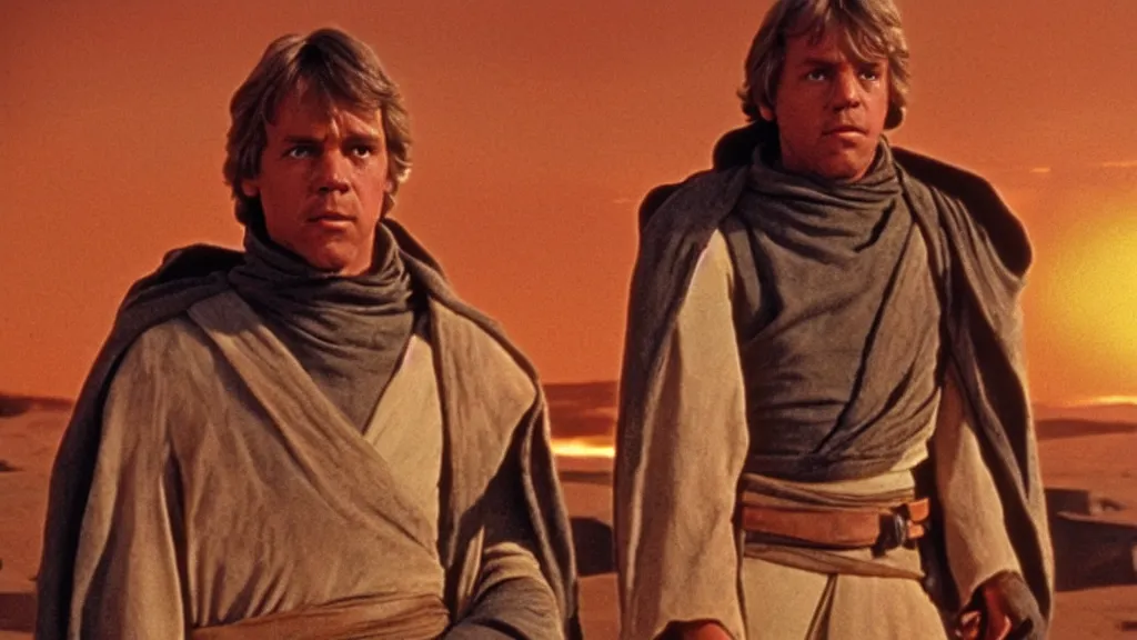 Image similar to film still Luke skywalker watches tatooine binary sunset Star Wars a new hope 1977