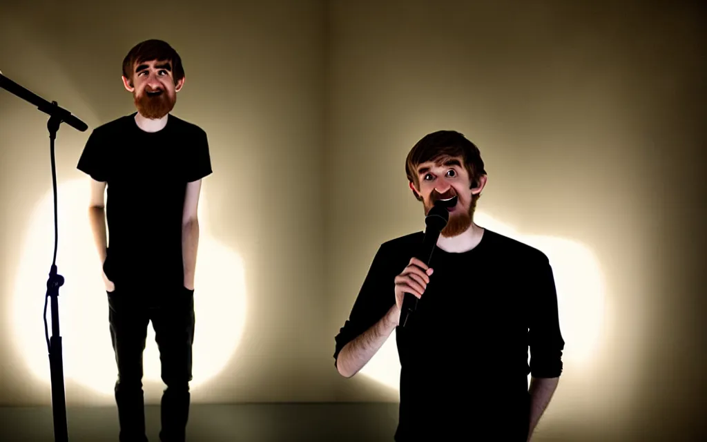 Prompt: bo burnham with beard holding a microphone in a black room alone ( small spotlights all over the wall ) ( with color )