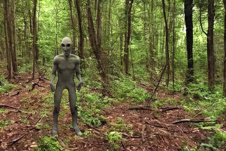 Prompt: trail cam footage of a grey alien creeping through a forest