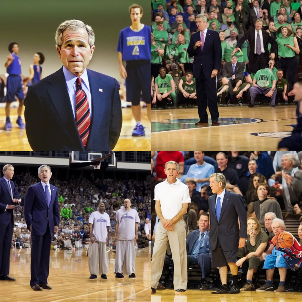Prompt: photo of george w bush looking confused as frogs play full court basketball in the foreground