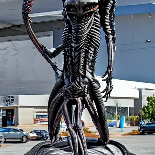 Image similar to a giant hr giger xenomorph alien queen standing on a busy walmart parking space in broad daylight. there are smashed cars