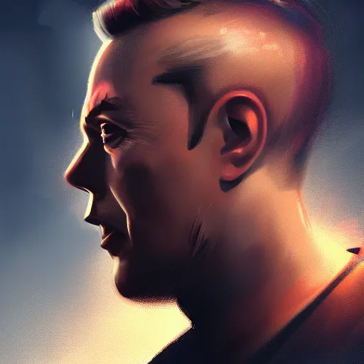 Prompt: a profile photo of elon musk, side profile, D&D, sci-fi, elegant, sinister, muscular, highly detailed, digital painting, artstation, concept art, smooth, sharp focus, illustration