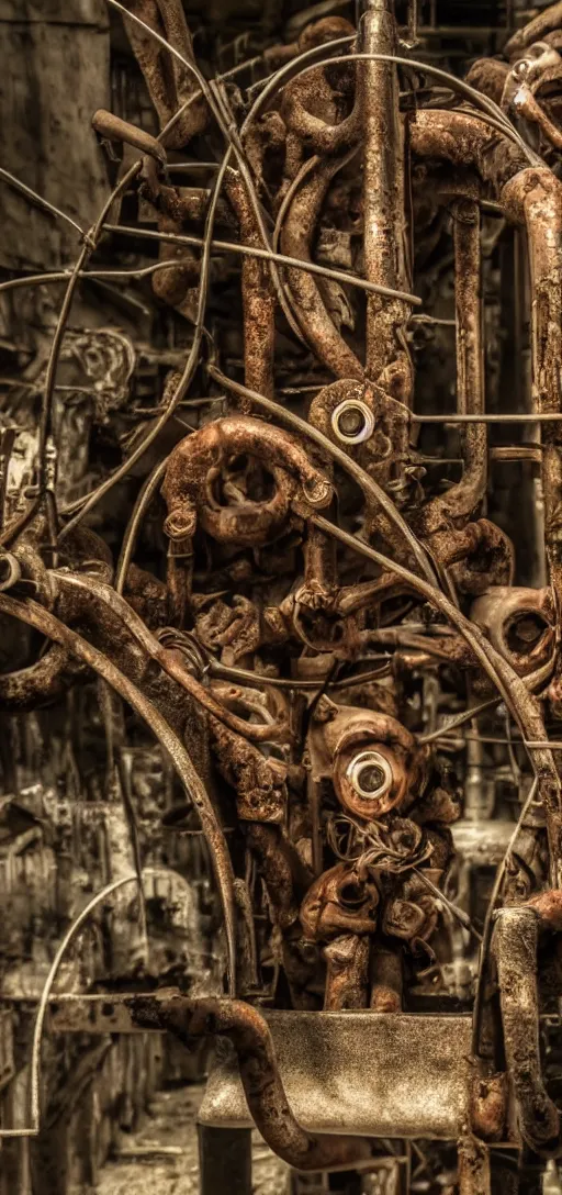 Prompt: body horror of human being consumed by machinery and rusty pipes and wires, scary, horror, 4K, disturbing, weird,