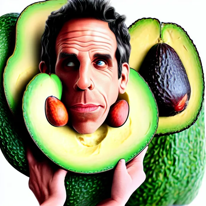 Image similar to ultra realistic illustration of ben stiller in the lotus position balancing stack of avocado on his head