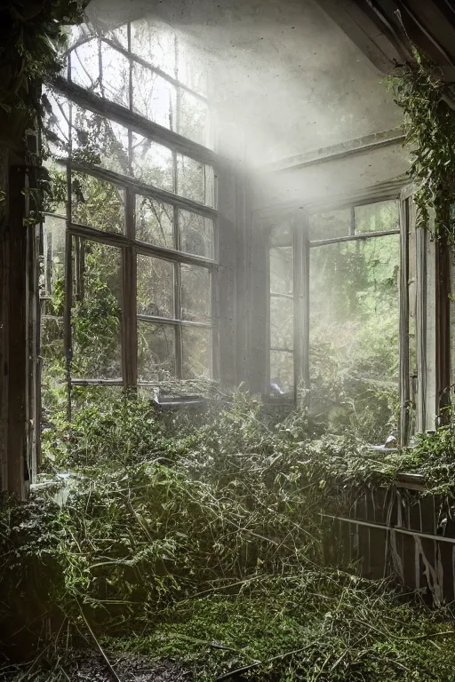 Image similar to specs of flowing light surround and swarm an abandoned overgrown cottage