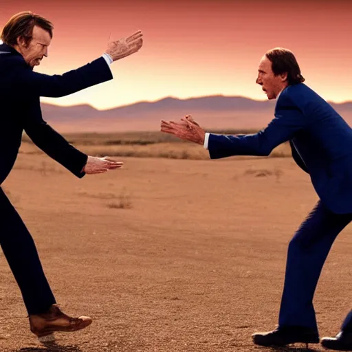 Prompt: epic cinematic photo of Walter white and saul Goodman highfiving at dusk dramatic camera angle