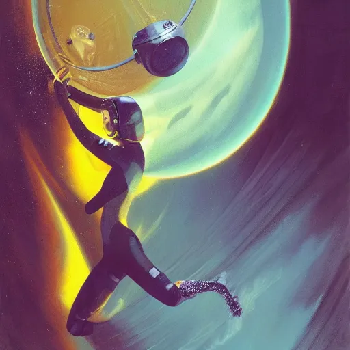 Image similar to woman in flight suit plunging into an abyss, bubbles, currents, dyson sphere, wet reflections, prism, atmospheric, ambient, pj crook, syd mead, livia prima, artgerm, greg rutkowski, nick alm, casey baugh