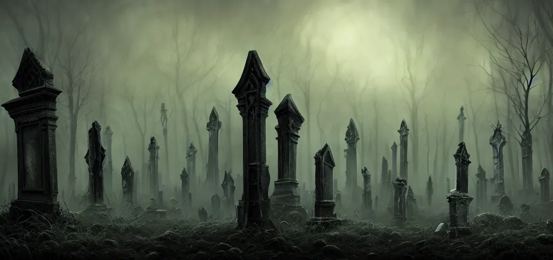 Image similar to A dark and haunted graveyard with Evil ghost spirits raoming in the style of Keith Thompson, christopher bretz and kael ngu and Zdzislaw Beksinski, Artstation HD, 8k, Surrealistic digital artwork, highly detailed, digital painting, HDRI, vivid colors, high contrast, 8k resolution, intricate, photorealistic, smooth