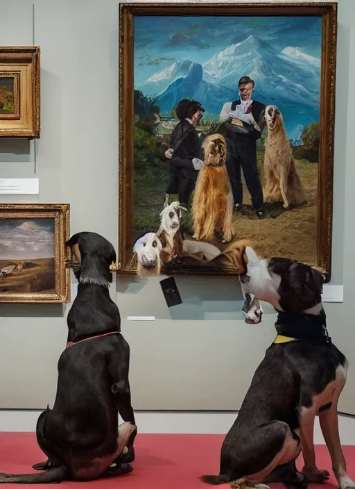 Image similar to formal dogs visiting a museum looking at paintings of humans suffering