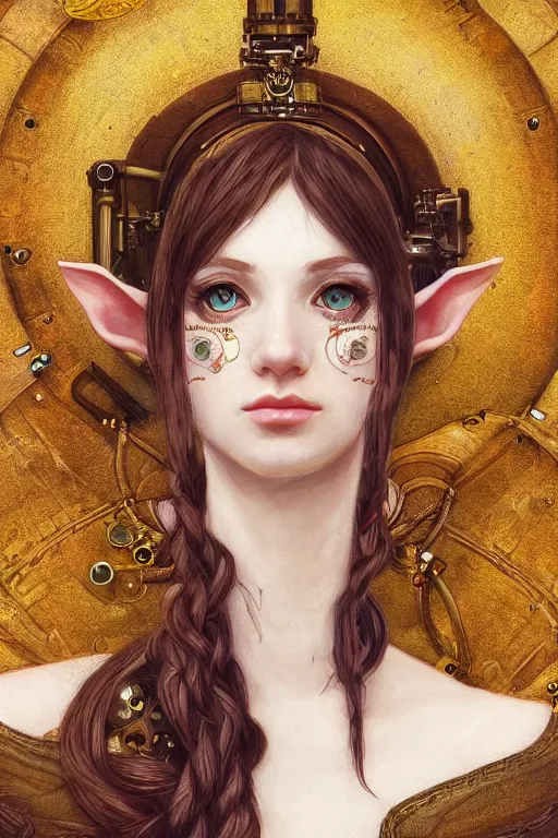 Image similar to portrait of beautiful young elf girl, steampunk, highly detailed, artstation, illustration, art by Gustav Klimt